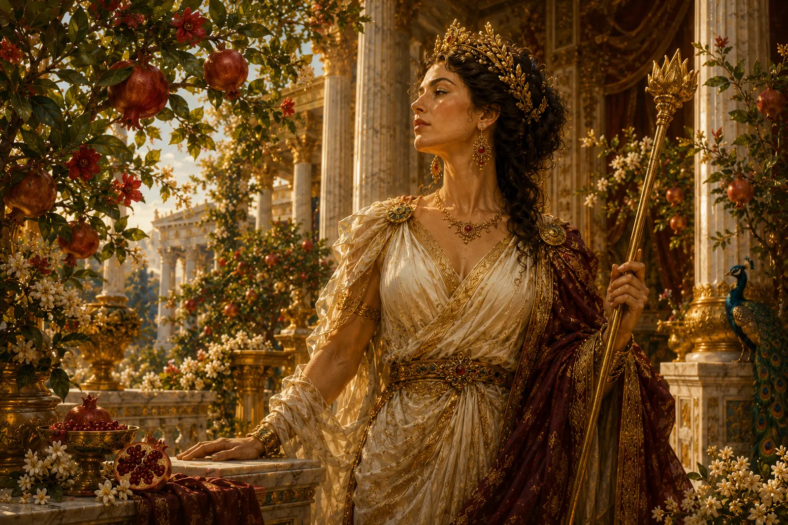Hera con cetro y granada entre las columnas del Hereo