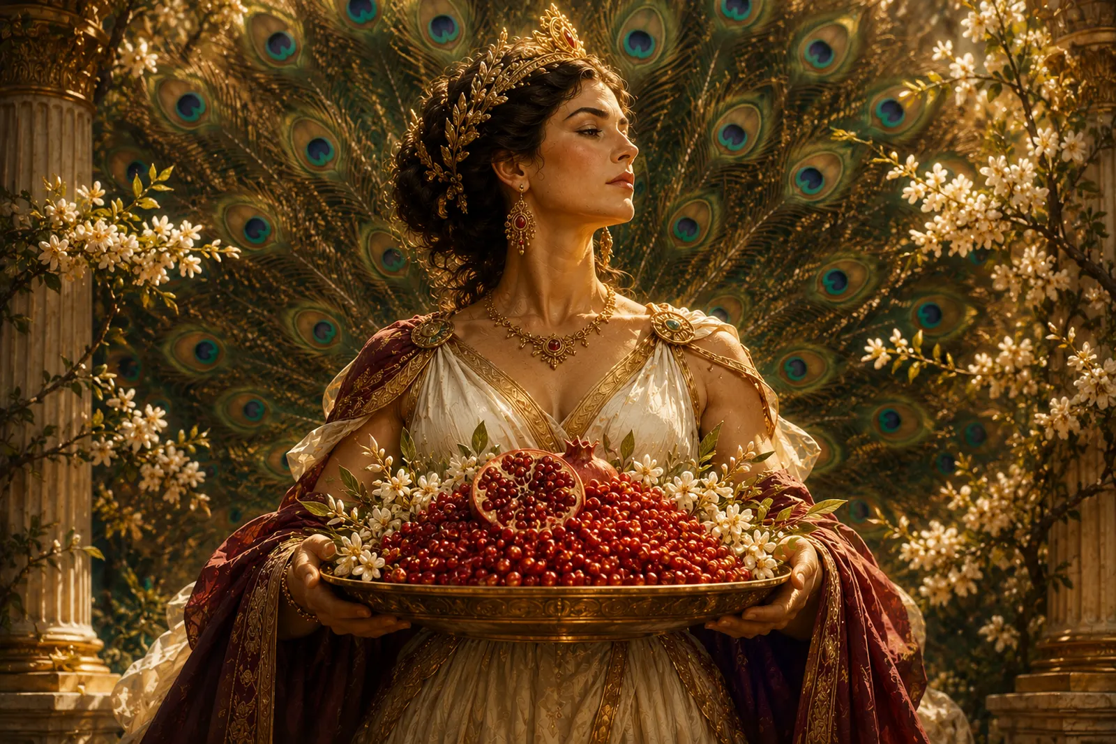 Hera con la bandeja de granos de granada y flores de acacia